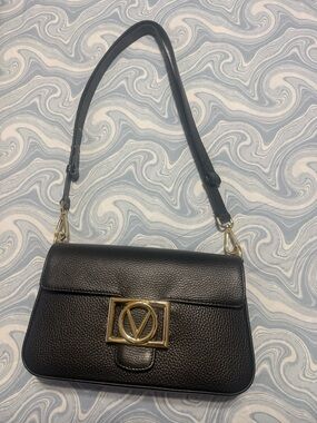 Valentino Black Leather Shoulder Bag with Gold V Emblem